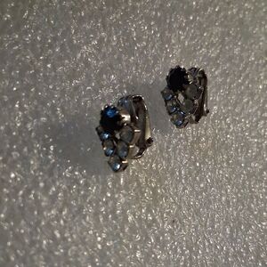 Vintage Black Crystal and Rhinestone Silver Clip On  Earrings.
